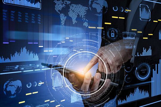 Businessman finger touch tablet screen, binary code and diverse digital icons