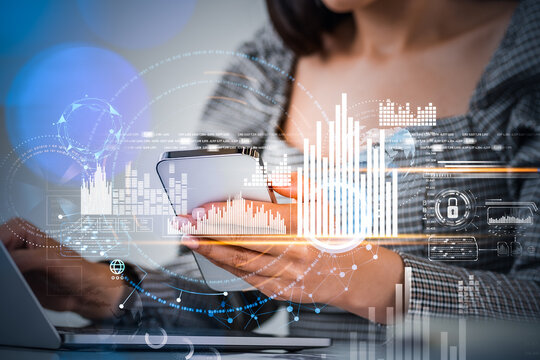 Businesswoman with phone in hand, hud with earth map and diverse digital icons