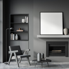Grey living room interior with armchair and bookshelf, poster mock up