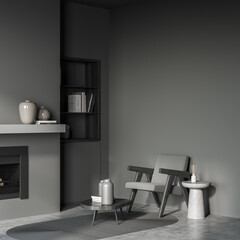 Grey living room interior with armchair and fireplace, mockup