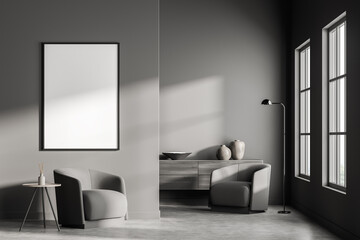Naklejka na ściany i meble Empty frame on wall in grey living room with two areas