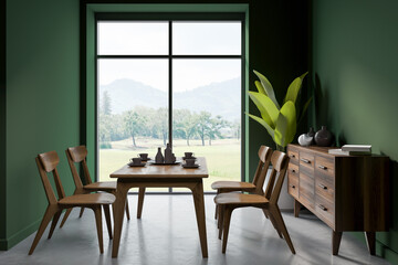 Green dining room interior with furniture and window, mockup