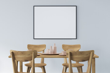 White dining room interior with furniture, mockup poster