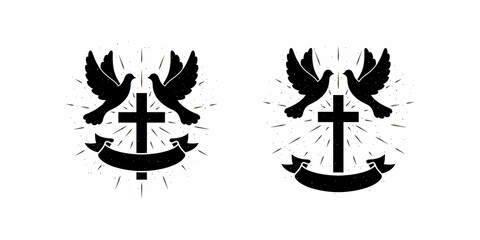 A set of illustrations on the theme of religion, doves, cross, ribbon, rays on the background. Design element for print, emblem, label, badge, poster, sticker. Vector illustration with grunge texture.
