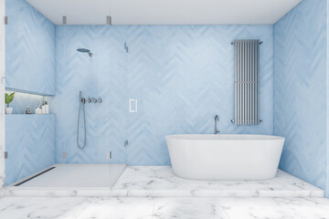 Obraz na płótnie Canvas Grey white and blue shower room with bathtub