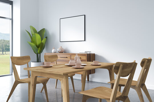 White dining room interior with furniture and window, mockup poster