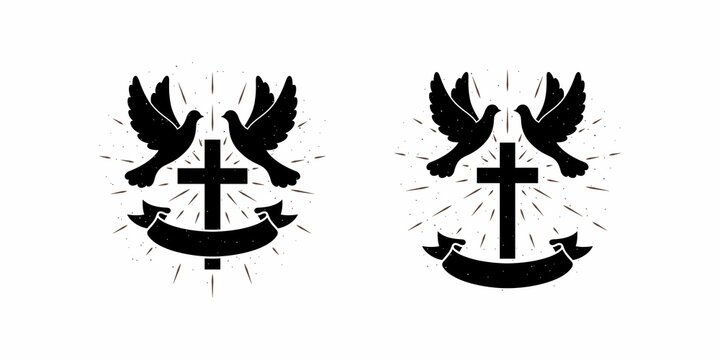 A set of illustrations on the theme of religion, doves, cross, ribbon, rays on the background. Design element for print, emblem, label, badge, poster, sticker. Vector illustration with grunge texture.