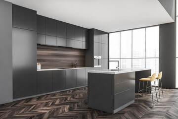 Minimalist panoramic grey kitchen with home bar