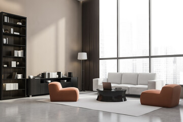 Beige and grey living room with accent orange sofas