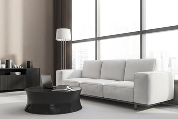 Corner view of beige living room with light grey couch