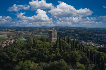 Obraz premium Aerial panorama of Solferino, Mantova, Italy. Historic Italian town on the hill, Solferino, Mantova, Italy. Aerial view of the Museum of Resurgence. Aerial view of the Rocca di Solferino, Mantova.