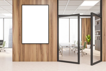 Meeting room interior with furniture near panoramic window, mockup poster
