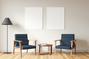 Light living room interior with armchairs and coffee table, mockup posters