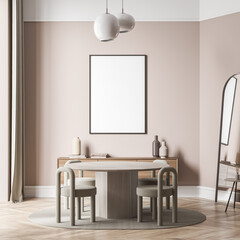 Canvas on wall of light beige living room with round table