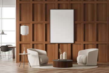 Fototapeta na wymiar Empty canvas on wood wall of living room with two beige armchairs