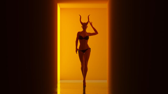 Halloween Female Devil Witchcraft Demon Woman in a Simple Pumpkin Orange Corridor with a Polished Floor Creepy Woman Evil Demon Ghostly Figure 3d illustration render