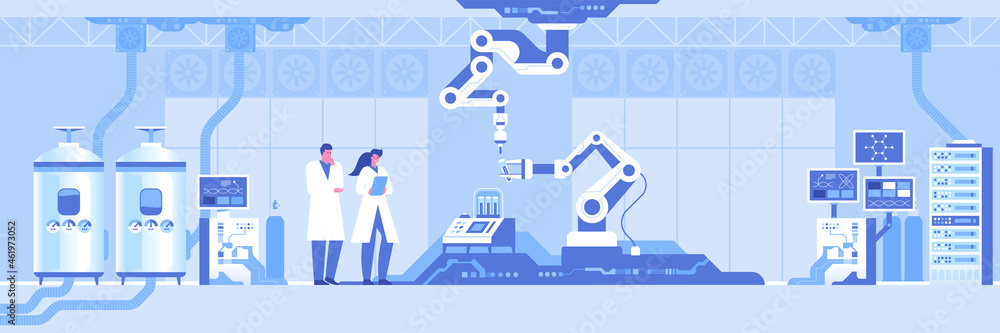 Poster automated scientific laboratory horizontal background. scientists analyses data of research, robotic