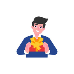 Businessman holding gift and giving present. Surprise bonus, reward, promotion concept. Male emoji character with different emotion and gesturing. Vector illustration isolated on white background