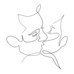 Vector illustration, kissing man and woman. minimalistic one line style.