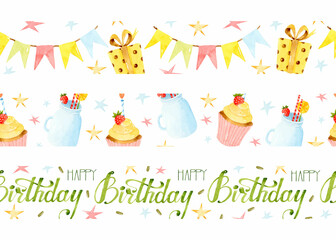 Birthday watercolor seamless borders set