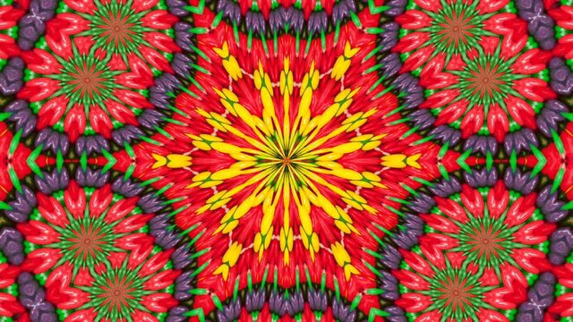 A kaleidoscopic futuristic wallpaper in vibrant green, yellow and red colors