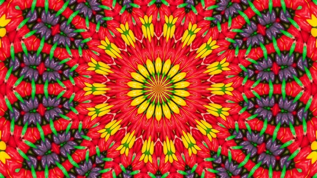 A kaleidoscopic futuristic wallpaper in vibrant green, yellow and red colors