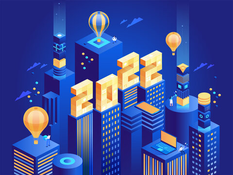 Happy New Year 2022 concept. Futuristic city, huge numbers standing at abstract buildings in isometric view. Business people working at downtown. Vector character illustration of invitation template