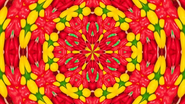 A kaleidoscopic futuristic wallpaper in vibrant green, yellow and red colors