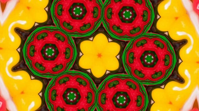 A kaleidoscopic futuristic wallpaper in vibrant green, yellow and red colors