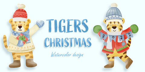 Obraz na płótnie Canvas Christmas Tiger watercolor illustration, with a paper background. For design, prints, fabric, or background. Christmas element vector.