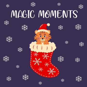 A cute tiger in the Christmas sock. Magic moments lettering. Christmas greeting card.