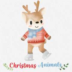 Christmas Reindeer watercolor illustration, with the paper background. For design, prints, fabric, or background