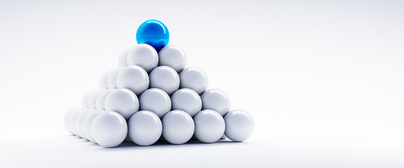 Pyramid stack of white and blue spheres on dark background - 3D illustration	