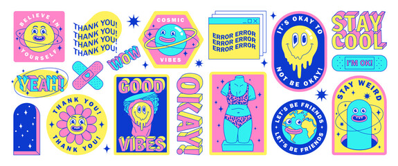 Sticker pack of funny cartoon characters, greek statues, Earth, planet and elements in psychedelic weird style.