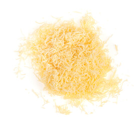 Grated cheese isolated white background . yellow shredded  cheese. Close up top view.