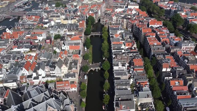 Aerial view of the red-light district in Amsterdam The Netherlands also called De Wallen is known for window prostitution sex work famous tourist attraction in Holland 4k high resolution footage