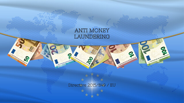 Banner With Inscriptions, Anti Money Laundering. Directive 2015.849.EU. Curved Banknotes In Par Of 200, 100, 50, 20, 10 Euros Hang From A Rope, Against A Background Of Stylistic Wavy Map Of The World