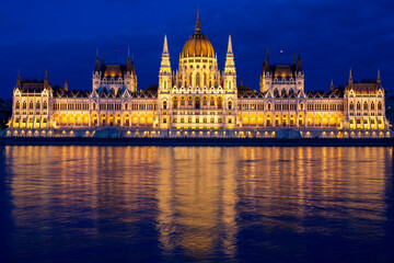 amazing architecture of hungarian parliament in Budapest at dusk, Hungary 