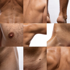 Male body parts composition, various areas of skin macro photography. Clinical skin examination of...
