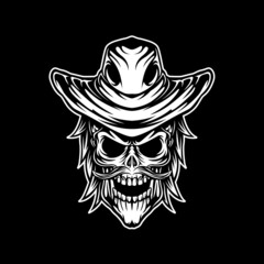 skull cowboy head mascot, this cool and simple image is suitable for t-shirt , poster, and merchandise design elements, also suitable as a riding or touring motorcycle community logo.