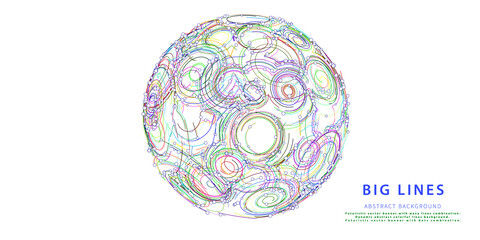 Abstract background with chaotic radial  lines connecting dots of sphere isolated. Banner for business, science and technology. Analytics algorithms data.
