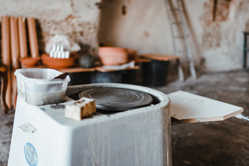 Pottery lathe in an artisan's workshop in Grottaglie, Puglia