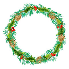Fototapeta na wymiar Christmas wreath of fir branches with cones and holly berries for banners, cards, flyers isolated on white background. Watercolor illustration