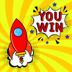 Comic book explosion with text You Win, vector illustration. You Win in comic pop art style. Comic advertising concept with You Win wording. Modern Web Banner Element