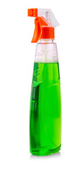 green spray bottle with homemade chemicals isolated on white background
