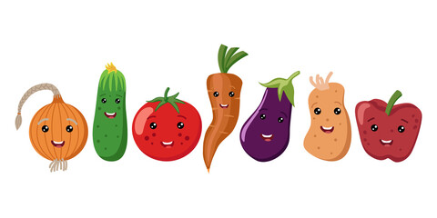 Set of cartoon vegetables. Children's color vector illustration. White isolated background.