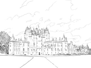 Glamis Castle. Scotland. Hand drawn city sketch. Vector illustration.