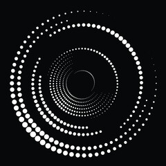 Halftone dots in Circle Form .  Vector Illustration .Technology round. Circle logo . Design element . Abstract Geometric shape . White circular dots on the black background .