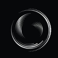 Halftone dots in Circle Form .  Vector Illustration .Technology round. Circle logo . Design element . Abstract Geometric shape . White circular dots on the black background .