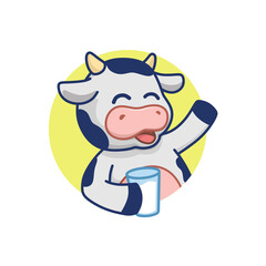 Cute cow cartoon character holding a glass of milk, fit for logo or sticker.